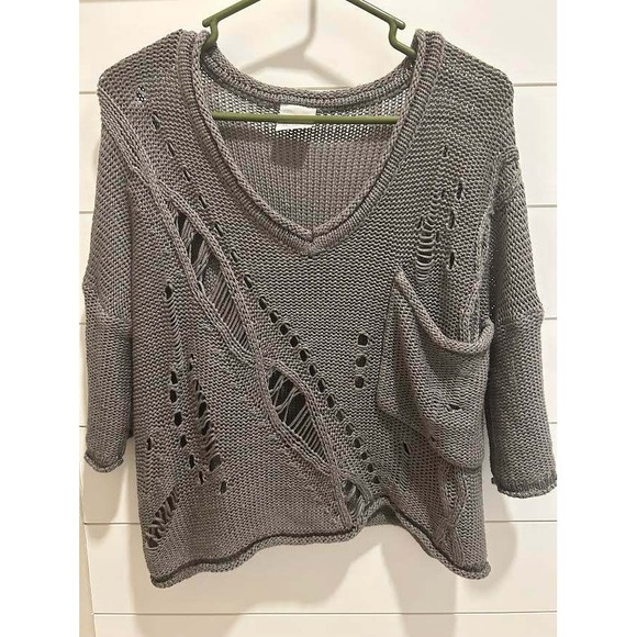 lola Sweaters - Lola Gray Distressed Chunky Knit V-Neck Sweater Womens S 3/4 Sleeve Artsy Langan